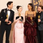 The Big Four Acting Winners from the 2025 Oscars (L to R): Actor in a Leading Role - Adrien Brody (THE BRUTALIST), Actress in a Leading Role - Mikey Madison (ANORA), Actress in a Supporting Role - Zoe Saldaña (EMILIA PÉREZ), Actor in a Supporting Role - Kieran Culkin (A REAL PAIN).