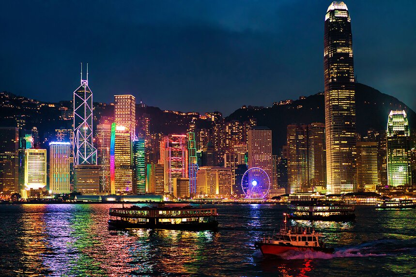 Hong Kong skyline at night over Victoria Harbour