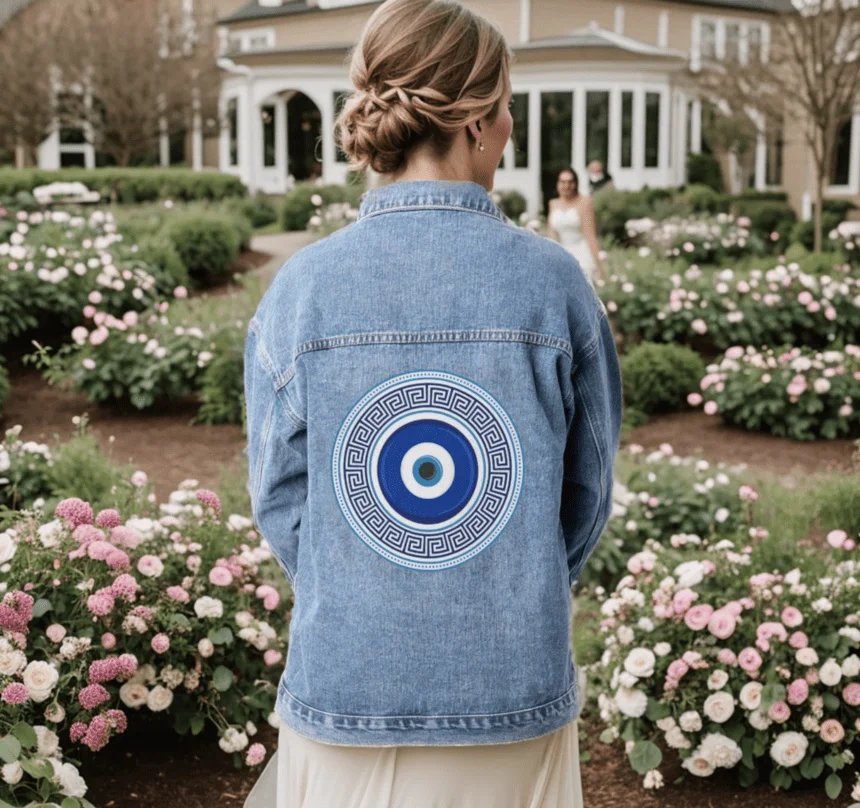 Greek Pattern Evil Eye Nazar Denim Jacket - ALO Magazine